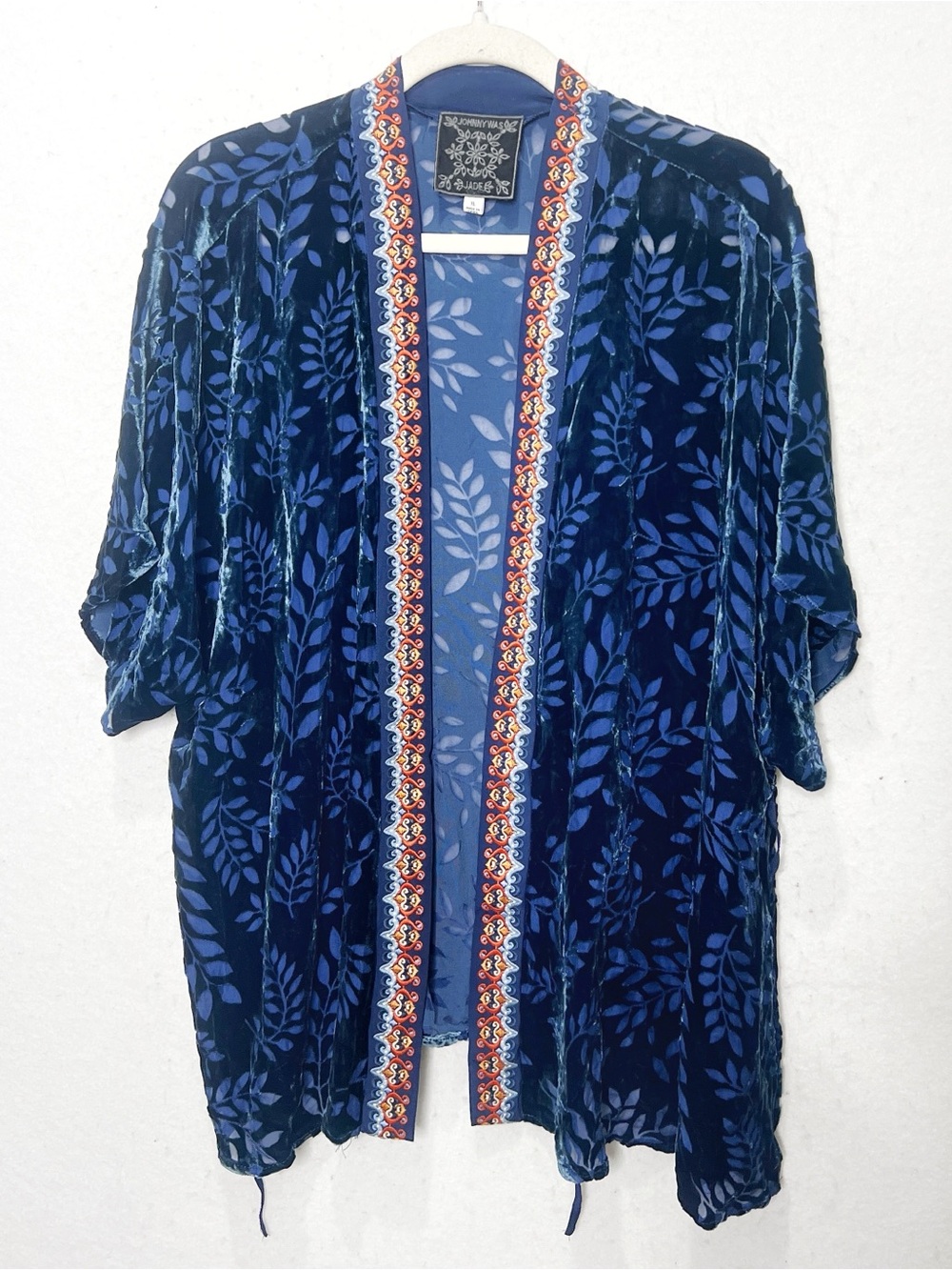 Johnny Was Jade Burnout Velvet Kimono XL Blue Leaf Embroidered Silk Boho